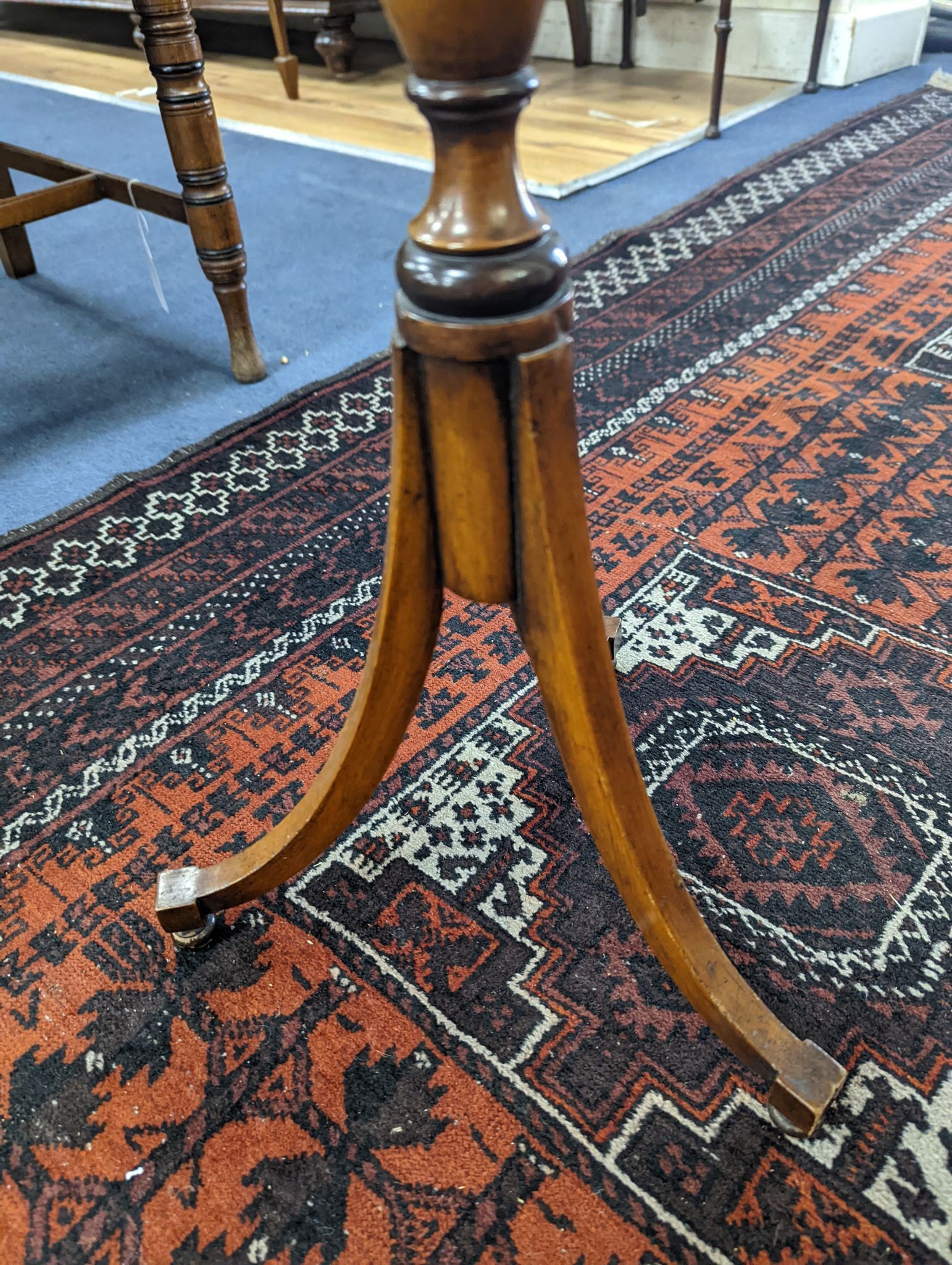 A Sheraton revival satinwood tripod table, with inlaid octagonal top, width 30cm depth 26cm height 68cm